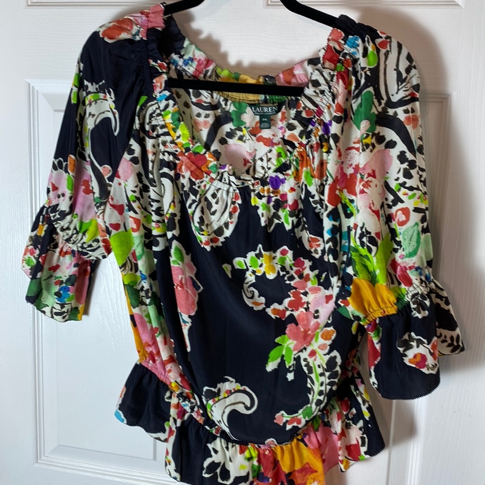 Lauren Ralph Lauren scoop neck ruffled balloon sleeve floral blouse Size Medium